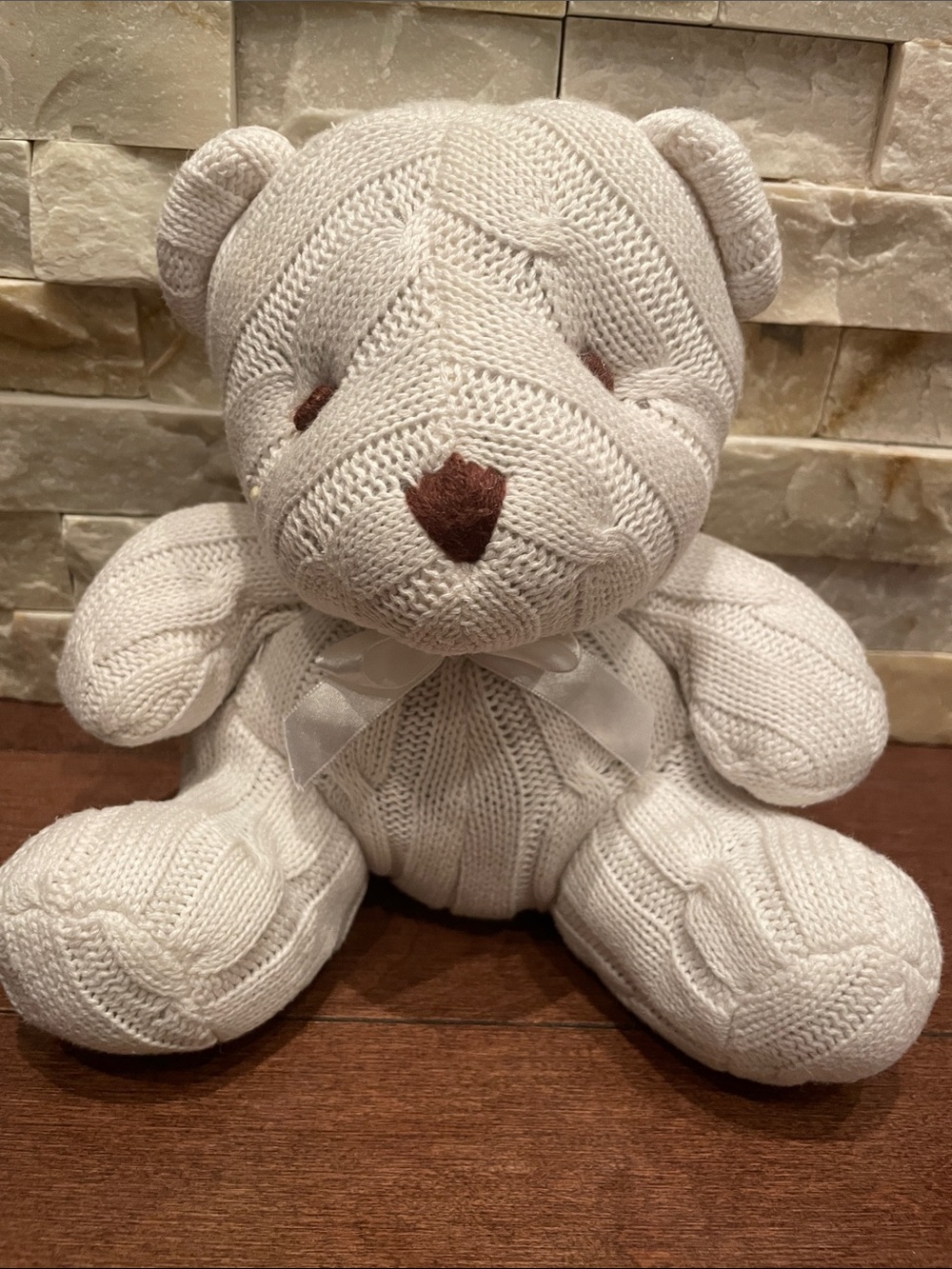 Knit Cable Pattern Teddy Bear Plush - White